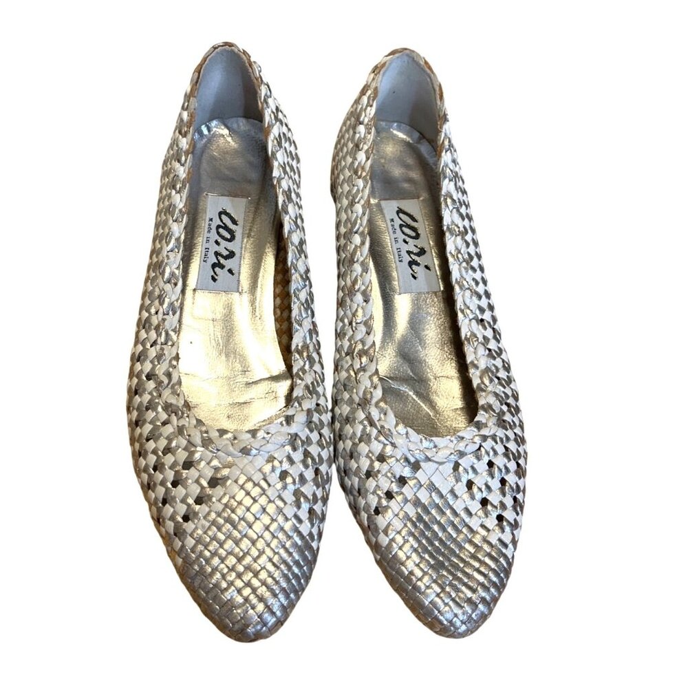 Co. Ri. Womens Woven Leather Ballet Flats Metallic Silver White Size 8.5